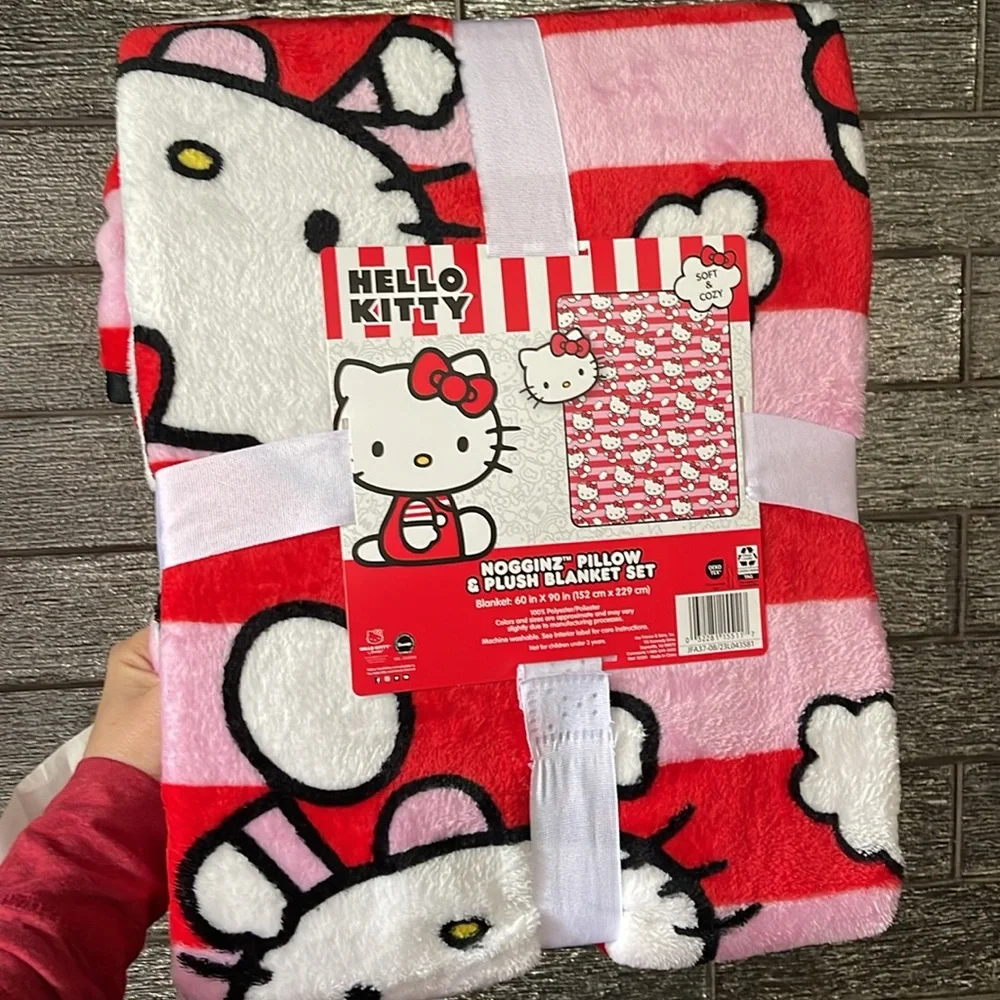 Hello Kitty Throw Pillow & Plush Blanket Set 60x90” Cute Cat Pink Red Nogginz